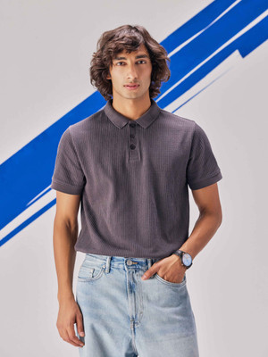 UNSTD Self Design Men Polo Neck Grey T-Shirt