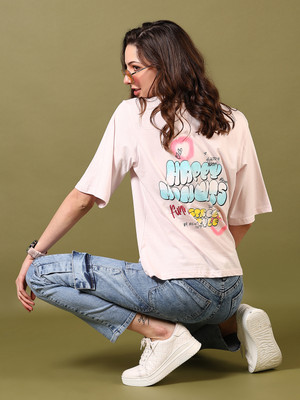 V-MART Printed Women Round Neck Pink T-Shirt