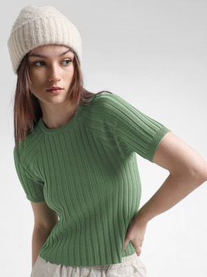 ONLY Striped Women Round Neck Green T-Shirt