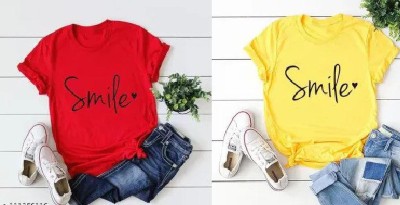 OneTip Printed Women Round Neck Red, Yellow T-Shirt