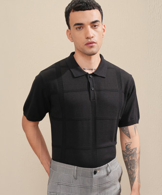 HIGHLANDER Self Design Men Polo Neck Black T-Shirt