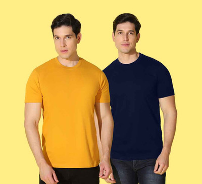WOOSTRO Solid Men Round Neck Blue, Yellow T-Shirt