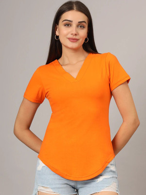BRINNS Solid Women V Neck Orange T-Shirt
