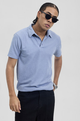 Snitch Self Design Men Polo Neck Light Blue T-Shirt