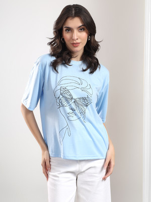 KOTTY Printed Women Round Neck Blue T-Shirt