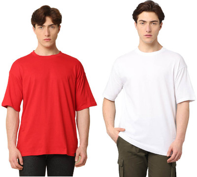 Silisoul Solid Men Round Neck Red, White T-Shirt