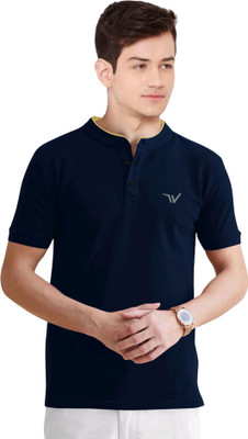 click n buy Solid, Printed Men Mandarin Collar Dark Blue T-Shirt