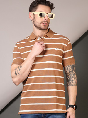 V-MART Striped Men Polo Neck Brown T-Shirt