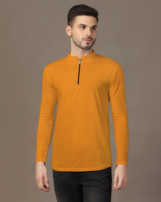 Blisstone Solid Men Mandarin Collar Gold T-Shirt