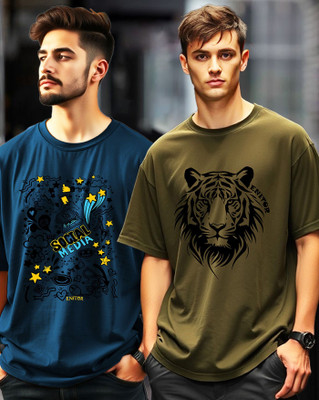 AOOSH Graphic Print Men Round Neck Green, Dark Blue T-Shirt