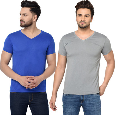 Tresna Fab Solid Men V Neck Blue, Grey T-Shirt