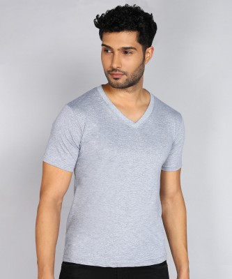 Fleximaa Solid Men V Neck Grey T-Shirt