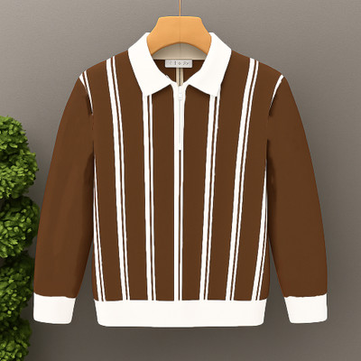 NB NICKY BOY Striped Men Zip Neck Brown T-Shirt