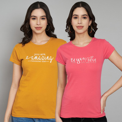 Trend Level Printed Women Round Neck Yellow, Pink T-Shirt