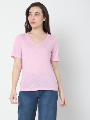 VERO MODA Solid Women V Neck Pink T-Shirt