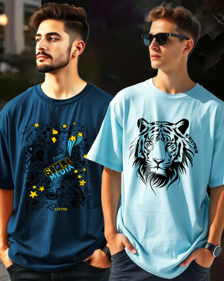 AOOSH Printed Men Round Neck Light Blue, Dark Blue T-Shirt