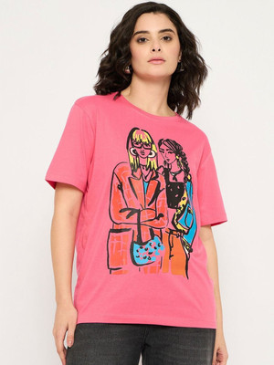Mast & Harbour Printed Women Round Neck Pink T-Shirt