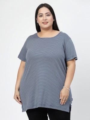 PLUSS Striped Women Round Neck Blue, White T-Shirt