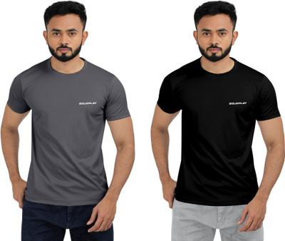solidplay Solid Men Round Neck Black, Grey T-Shirt
