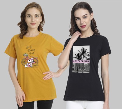 METRONAUT Printed Women Round Neck Yellow, Black T-Shirt