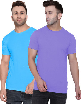 Kroptee Solid Men Round Neck Purple, Light Blue T-Shirt