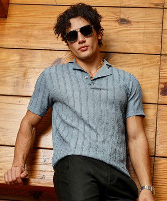 CAMPUS SUTRA Self Design Men Polo Neck Blue T-Shirt