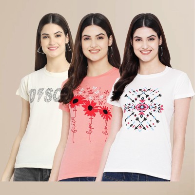 Tromko Printed Women Round Neck Pink, White T-Shirt