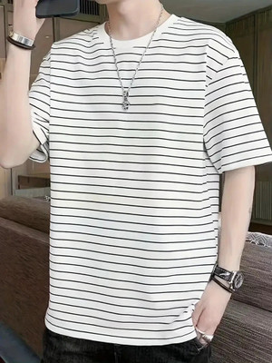 Lauren Adams Striped Men Round Neck White T-Shirt