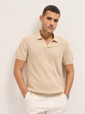 THE BEAR HOUSE Self Design Men Polo Neck Beige T-Shirt