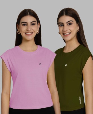 FRISKERS Solid Women Round Neck Pink, Dark Green T-Shirt