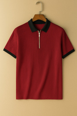 NB NICKY BOY Self Design Men Zip Neck Red T-Shirt