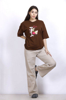MX Printed Women Round Neck Brown T-Shirt