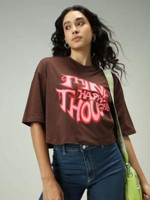 OUTZIDR Printed Women Round Neck Brown T-Shirt