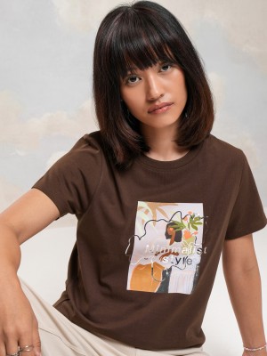 Tokyo Talkies Printed Women Round Neck Brown T-Shirt