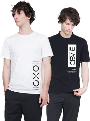 HOC Printed Men Round Neck White, Black T-Shirt