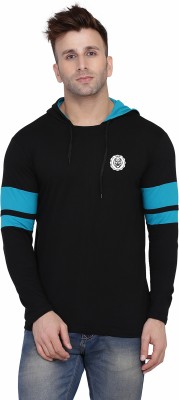 Lawful Casual Solid Men Hooded Neck Black, Light Blue T-Shirt