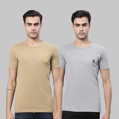 VIMAL JONNEY Solid Men Round Neck Beige, Grey T-Shirt