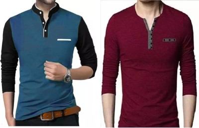Vescor Design Solid Men Mandarin Collar Blue, Maroon T-Shirt