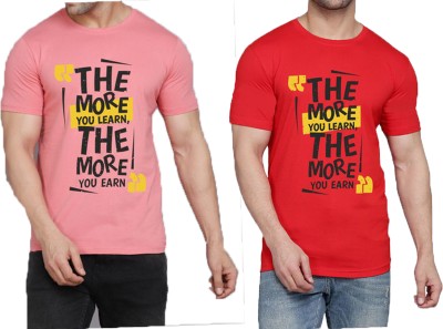 WOOSTRO Printed Men Round Neck Pink, Red T-Shirt