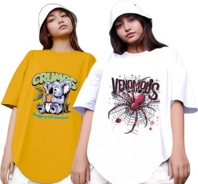 RS FASHION Printed Women Round Neck Yellow, White T-Shirt