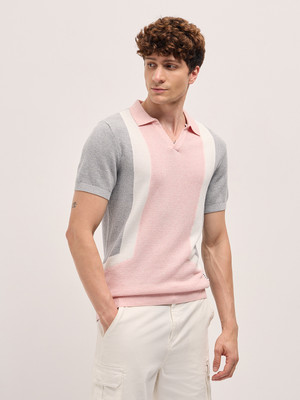 THE BEAR HOUSE Colorblock Men Polo Neck Grey, Pink T-Shirt