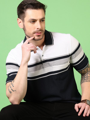 V-MART Striped Men Polo Neck Blue T-Shirt