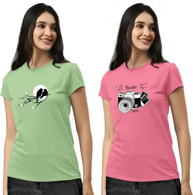 ZentWorld Printed Women Round Neck Light Green, Pink T-Shirt