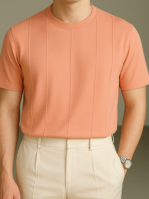 Try This Self Design Men Round Neck Pink T-Shirt