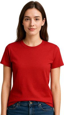 KMBCO Solid Women Round Neck Red T-Shirt