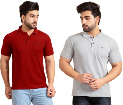 addiz Solid Men Polo Neck Red, Grey T-Shirt