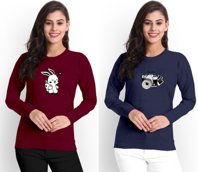ZentWorld Printed Women Round Neck Maroon, Navy Blue T-Shirt