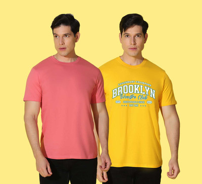 WOOSTRO Printed, Solid Men Round Neck Yellow, Pink T-Shirt