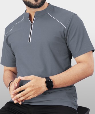 VeBNoR Solid Men Mandarin Collar Grey T-Shirt