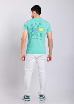 HIGHTRIBE Printed Men Round Neck Light Blue T-Shirt